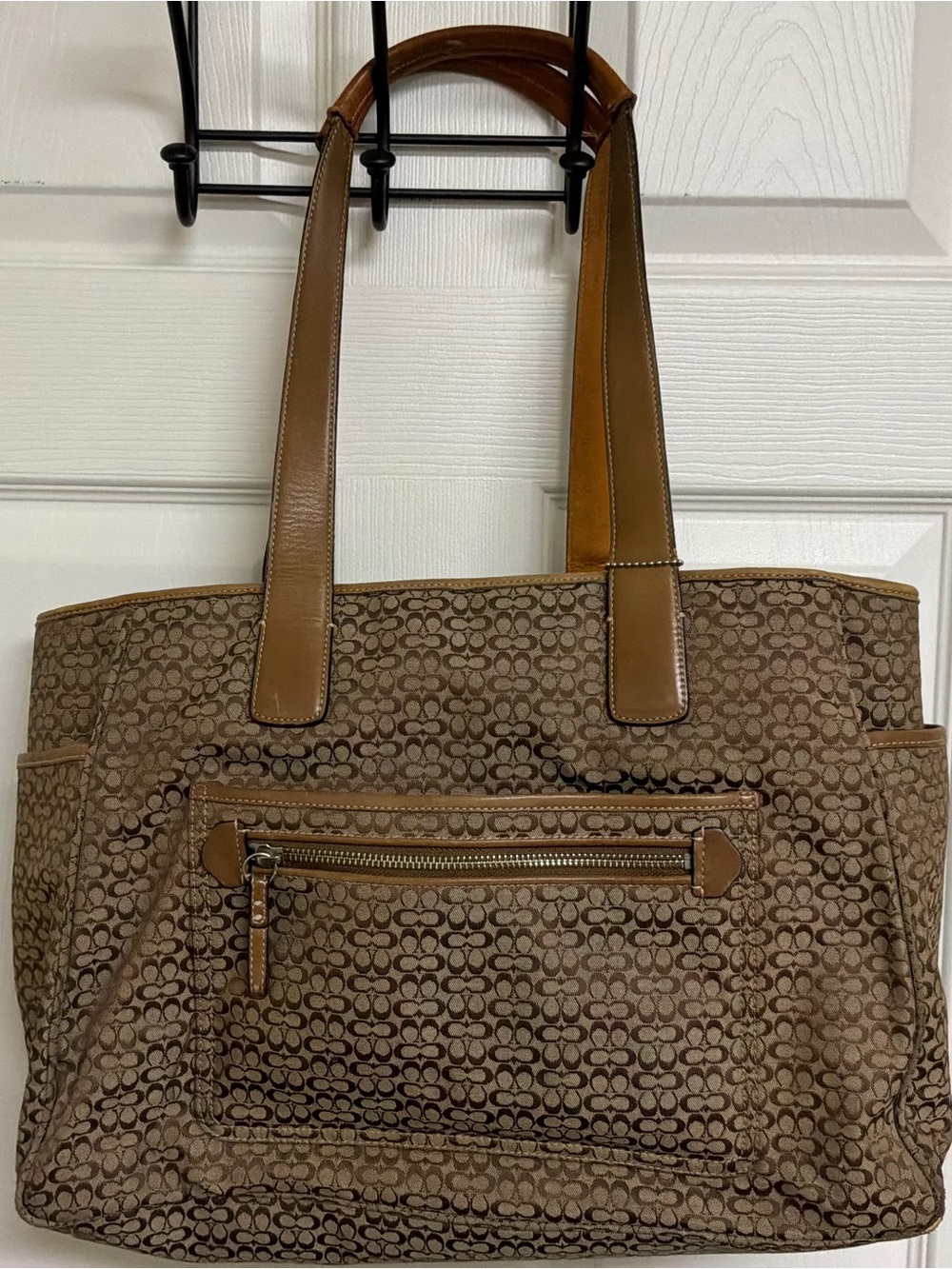 Coach Brown & Camel Signature Logo Tote with Camel Leather Trim
